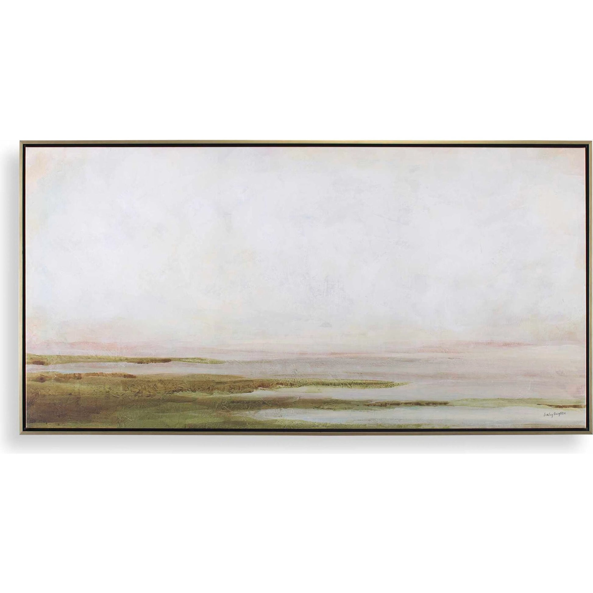 Hazy Lake Framed Landscape Art by Uttermost in gold. Made from solid wood, canvas in a coastal style.