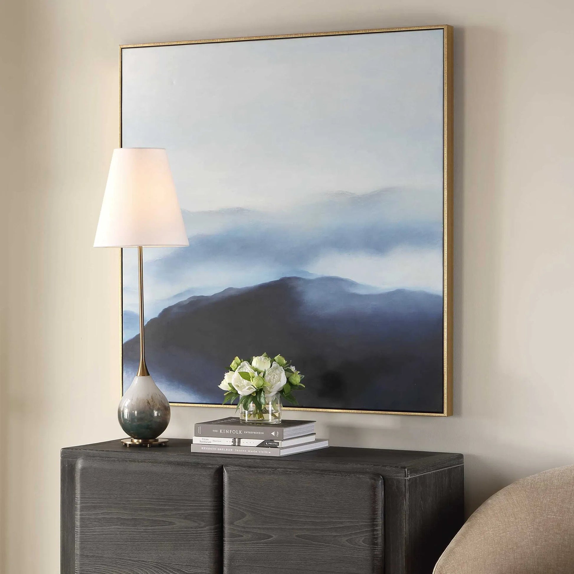 Cold Shoulder Hand Painted Landscape Art by Uttermost. Made from canvas, pine wood, ps moulding in a unique style.