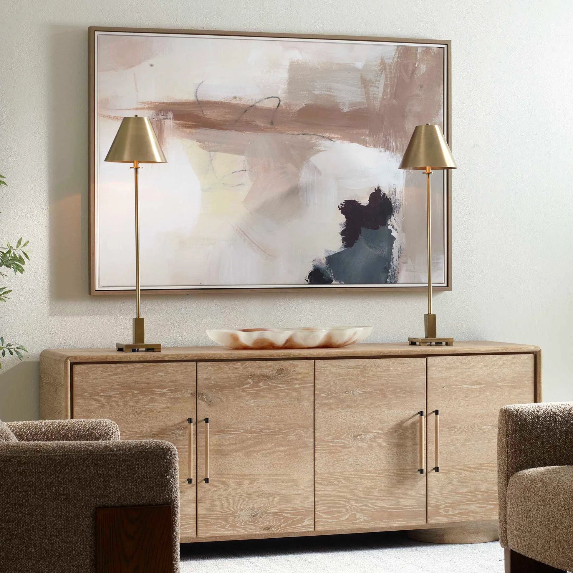 Bluster Framed Abstract Canvas by Uttermost in blue, brown, gray, orange, purple, white, yellow. Made from solid wood, canvas in a unique style.