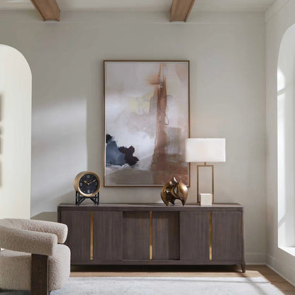 Bluster Framed Abstract Canvas by Uttermost in blue, brown, gray, orange, purple, white, yellow. Made from solid wood, canvas in a unique style.