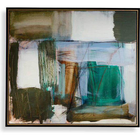 Green Fields Framed Canvas by Uttermost in black, blue, green, orange, white, yellow and gold. Made from solid wood, canvas in a unique style.