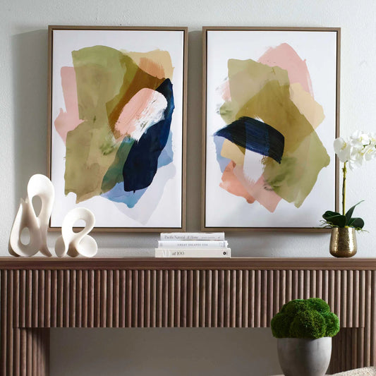 Abstract Afternoon Framed Canvases by Uttermost in blue, green, pink, white, woodtone, yellow. Made from solid wood, canvas, hot stamp foil in a unique style.