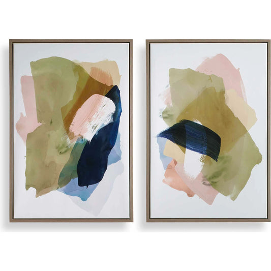 Abstract Afternoon Framed Canvases by Uttermost in blue, green, pink, white, woodtone, yellow. Made from solid wood, canvas, hot stamp foil in a unique style.
