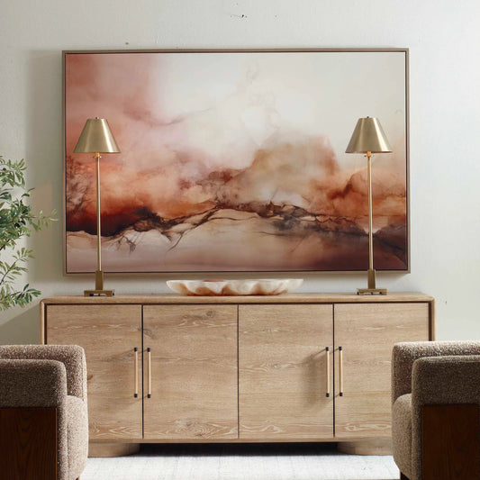 Rise Framed Modern Canvas by Uttermost in black, brown, orange, white and oak. Made from solid wood, canvas in a unique style.