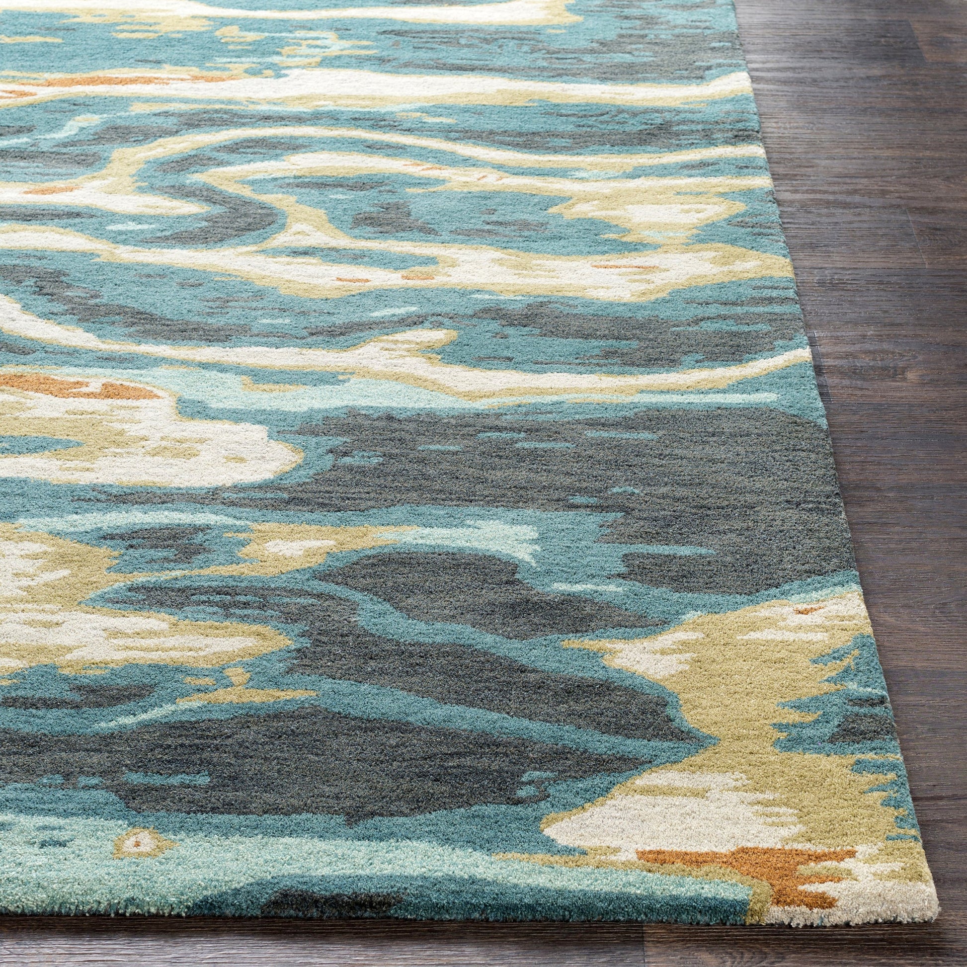 Artist Studio Rug - 20974 by Surya in dark blue, seafoam, brown, tan, blue, navy. Made from 100% new zealand wool in a unique style.