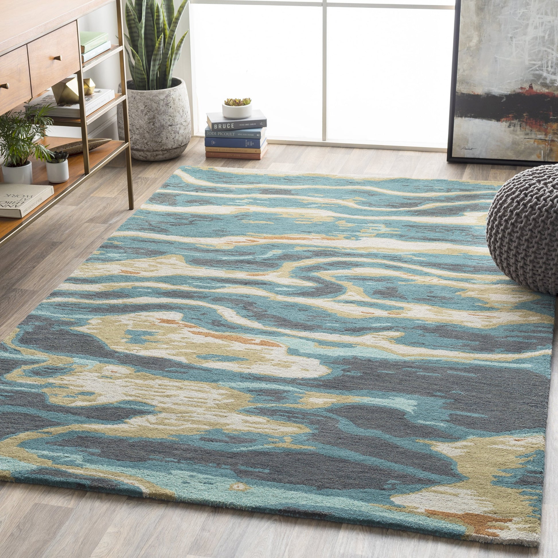 Artist Studio Rug - 20974 by Surya in dark blue, seafoam, brown, tan, blue, navy. Made from 100% new zealand wool in a unique style.