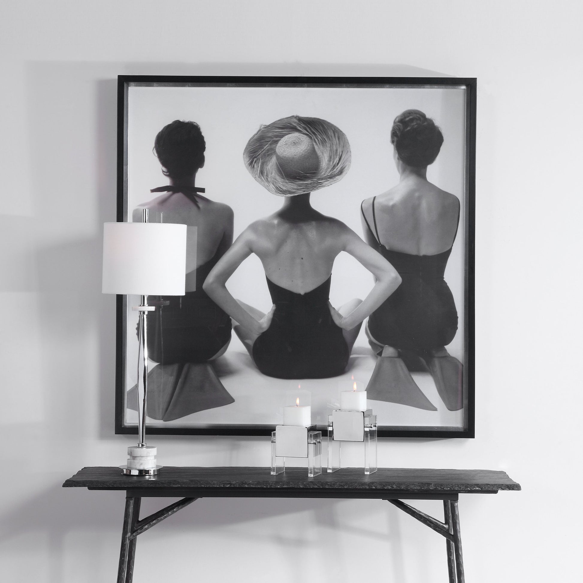 Ladies' Swimwear, 1959 Fashion Print by Uttermost in multi. Made from pine, glass, mdf, paper in a coastal style.