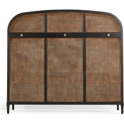 Tangiers Shelter Bed by Jonathan Charles in brown, black and ebonized oak. Made from oak solids, natural cane, flat-cut oak veneers in a rustic style.