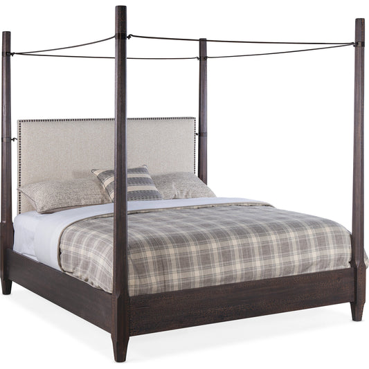 Big Sky Poster Bed by Hooker Furniture in beige and charred timber. Made from pecky hickory veneers, fabric, metal, nailheads in a modern style.