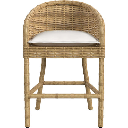 Playa Outdoor Barstool by Sunset West in medium wood. Made from resin wicker in a rustic style.