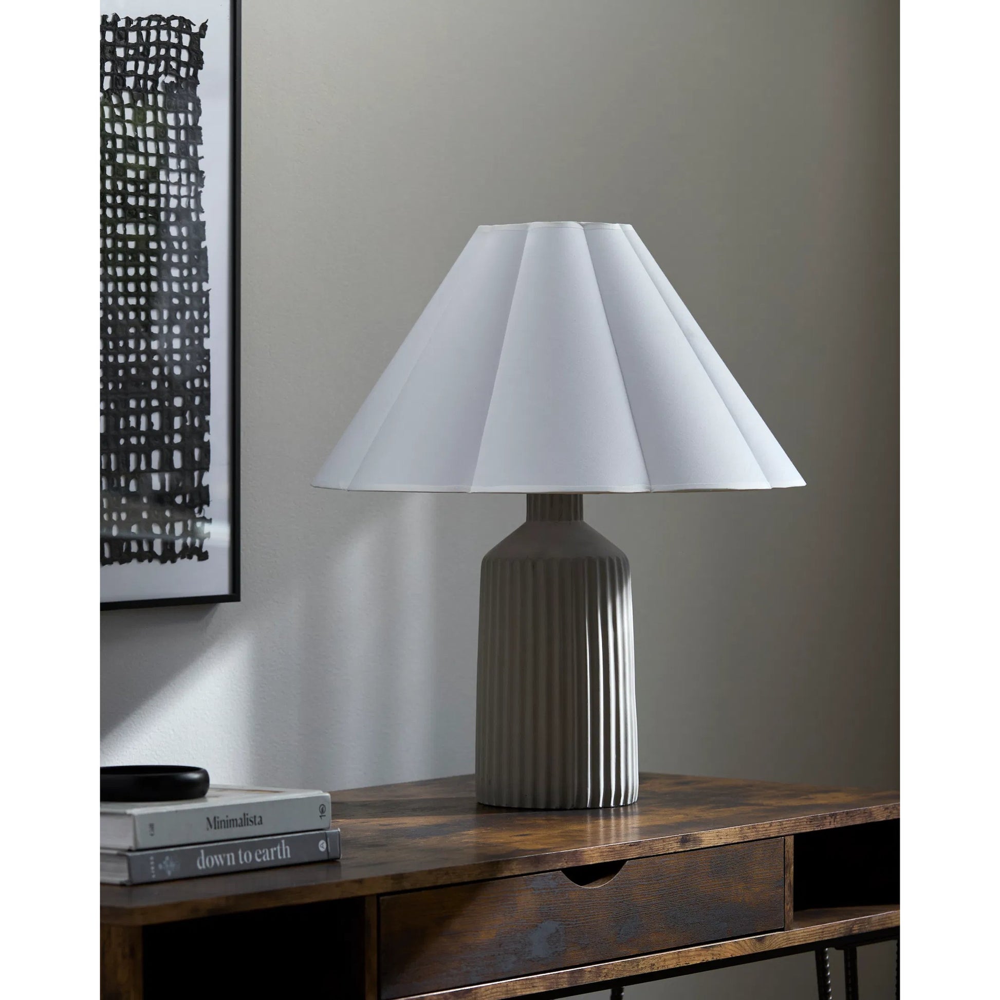Arez Accent Table Lamp by Livabliss in hand painted gray. Made from concrete, cotton in a modern style.