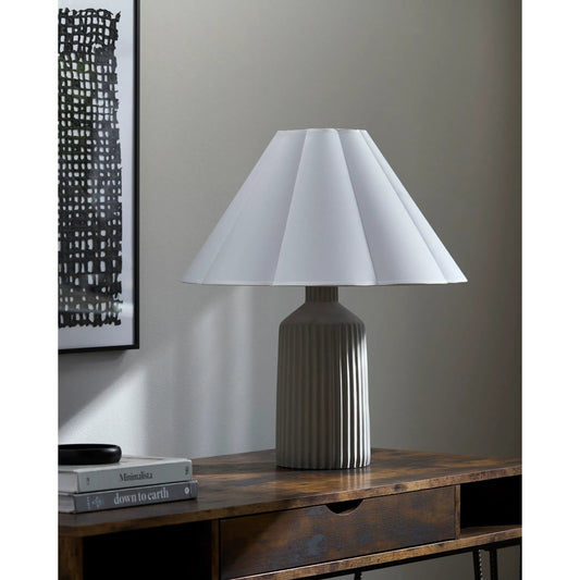 Arez Accent Table Lamp by Livabliss in hand painted gray. Made from concrete, cotton in a unique style.