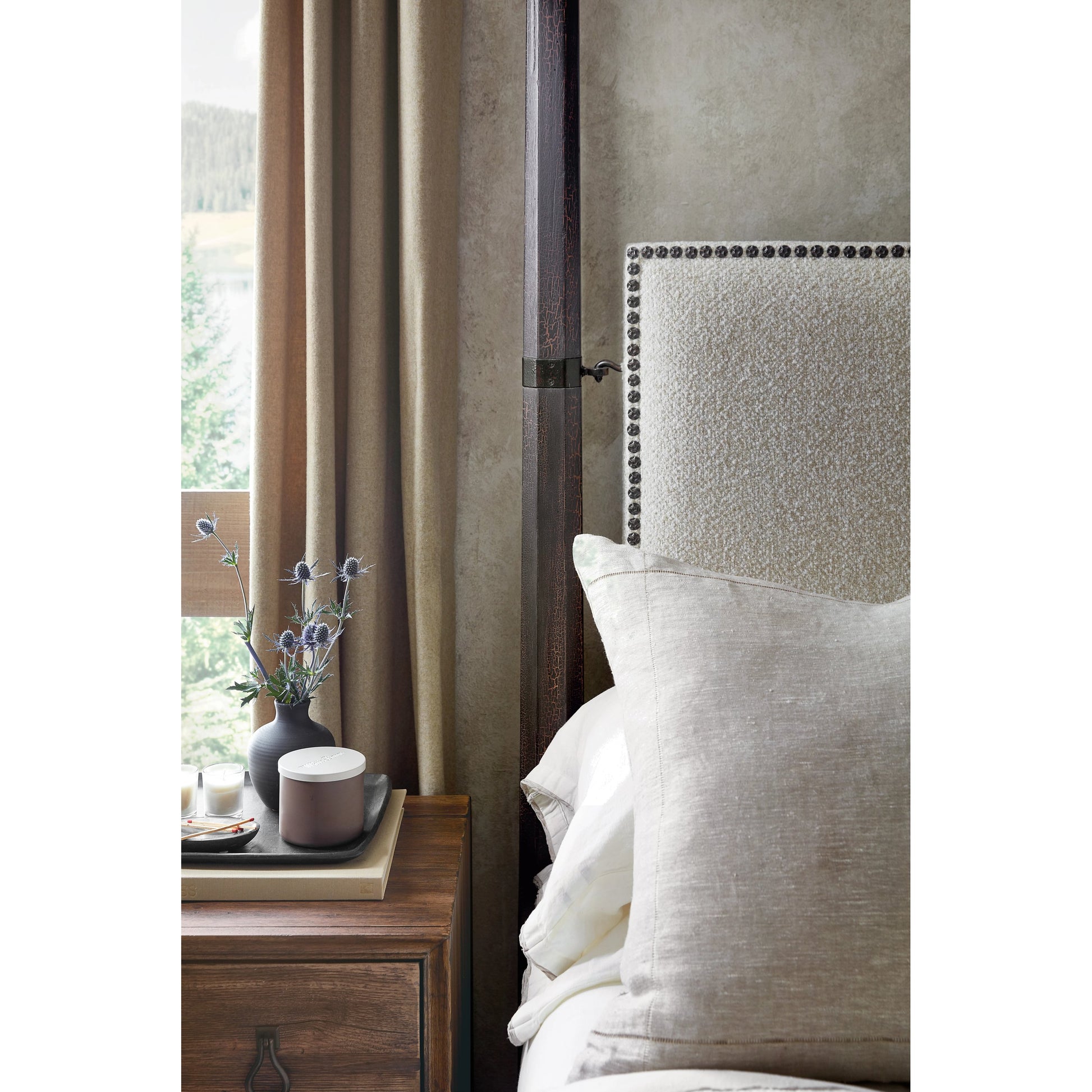 Big Sky Poster Bed by Hooker Furniture in beige and charred timber. Made from pecky hickory veneers, fabric, metal, nailheads in a modern style.