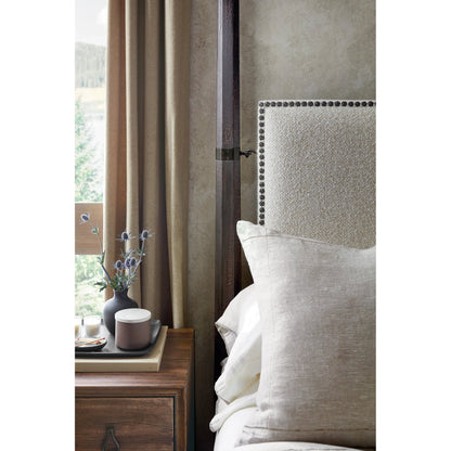 Big Sky Poster Bed by Hooker Furniture in beige and charred timber. Made from pecky hickory veneers, fabric, metal, nailheads in a modern style.