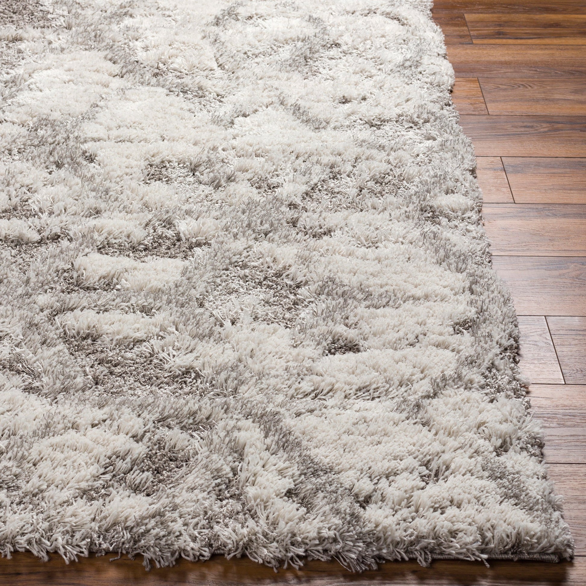 Alta Shag Rug by Livabliss in light gray, off-white, medium gray. Made from 100% polypropylene in a modern style.