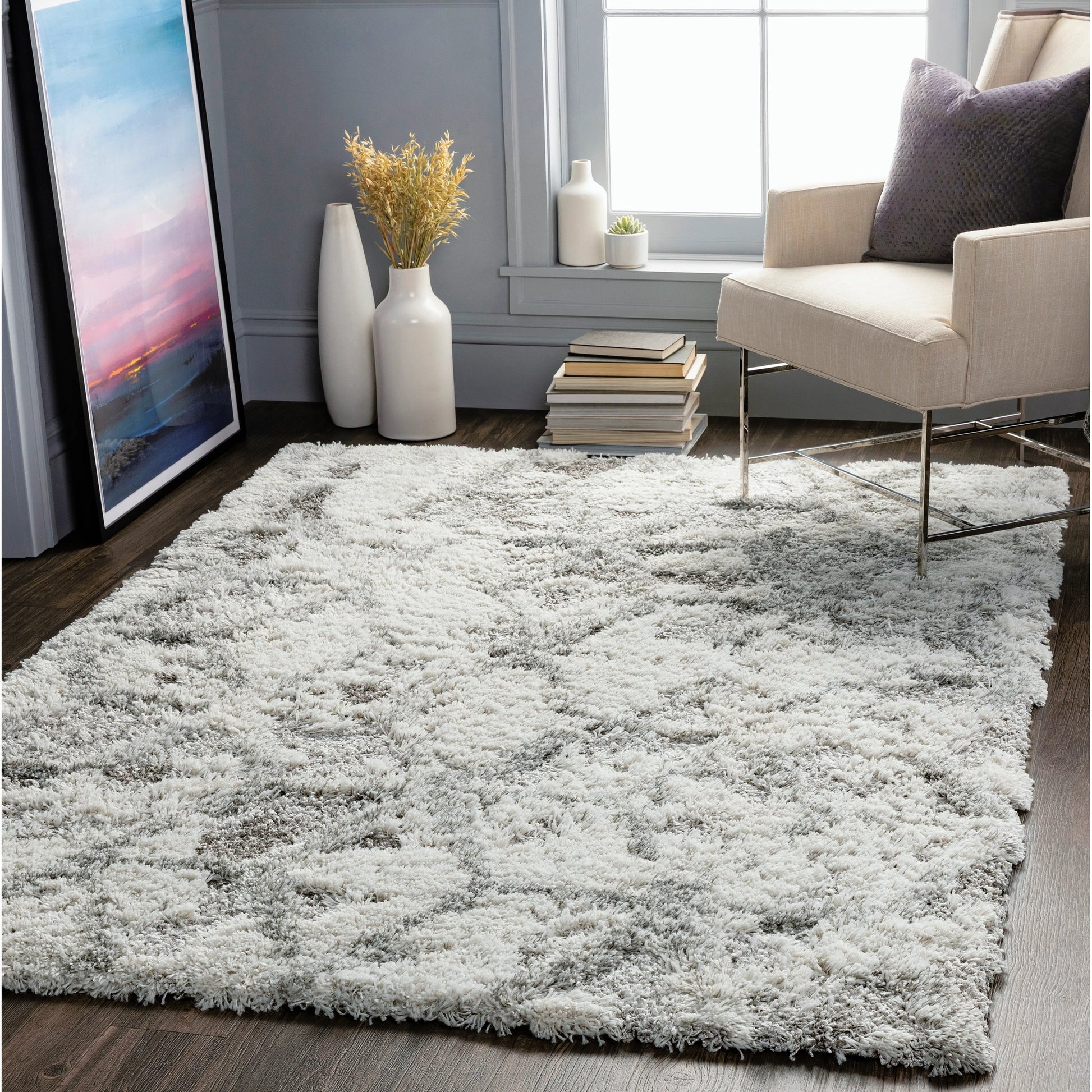 Alta Shag Rug by Livabliss in light gray, off-white, medium gray. Made from 100% polypropylene in a modern style.