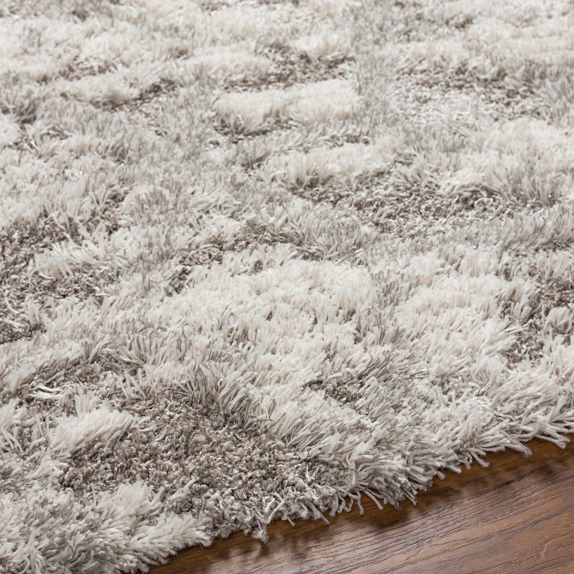 Alta Shag Rug by Livabliss in light gray, off-white, medium gray. Made from 100% polypropylene in a modern style.