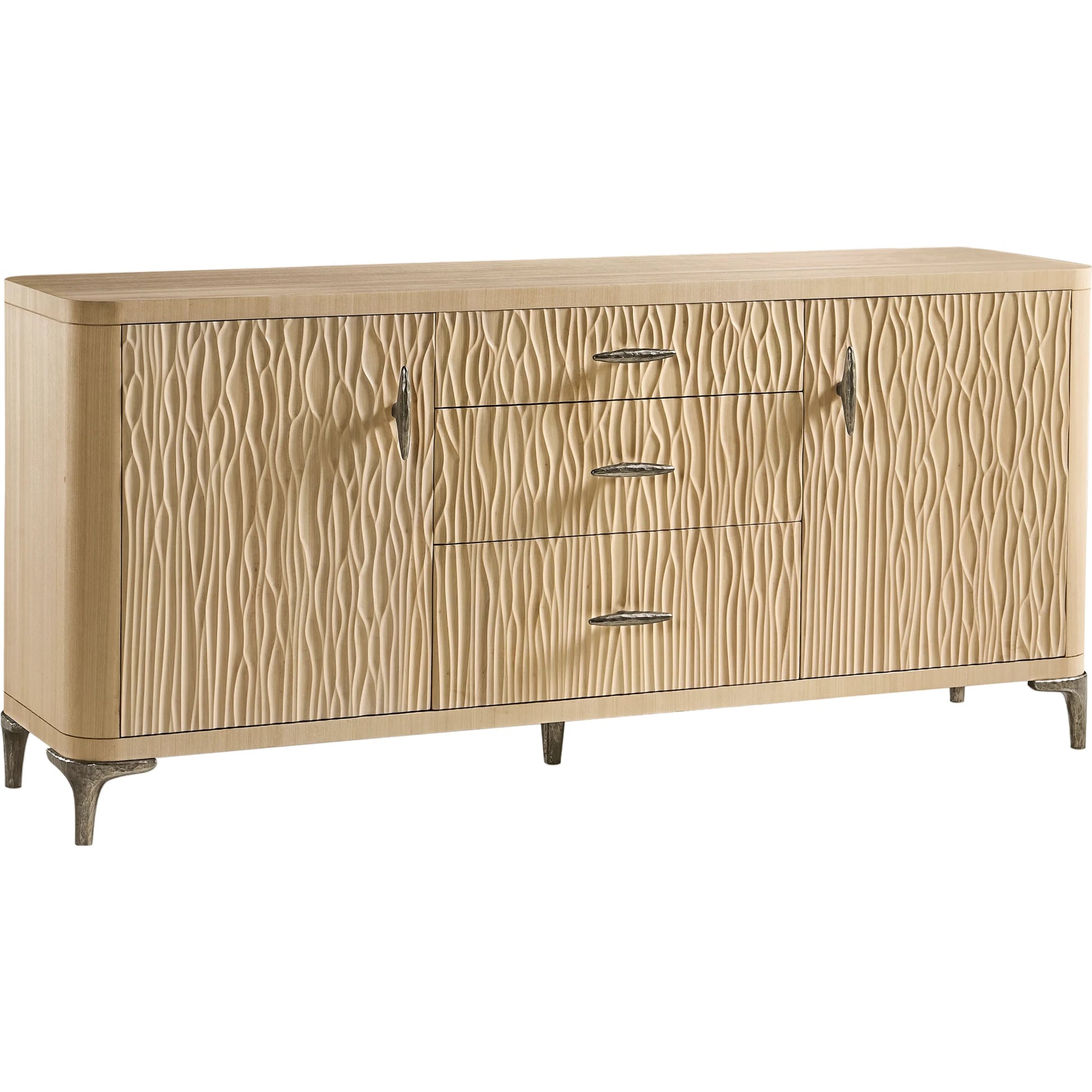 Water Breaker Mixed Media Credenza by Jonathan Charles in beige and ash blonde. Made from dyed koto veneer, bone, leather, metal in a transitional style.