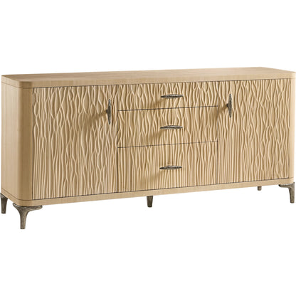 Water Breaker Mixed Media Credenza by Jonathan Charles in beige and ash blonde. Made from dyed koto veneer, bone, leather, metal in a transitional style.