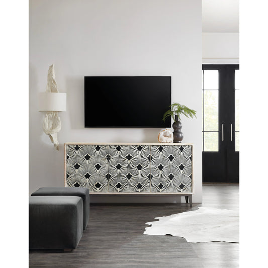 Entertainment Center by Hooker Furniture in light natural. Made from mango wood with bone inlay, metal in a coastal style.