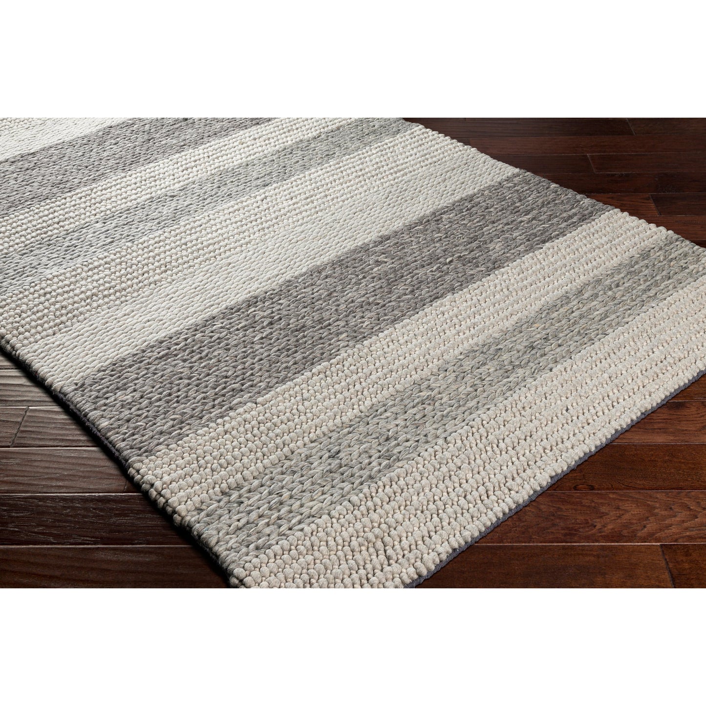 001 SI-1876726,SI-1876727 | Closeup | Asos ASS-2300 Rug by Surya in charcoal, medium gray, light gray. Made from 80% wool, 20% cotton in a unique style.