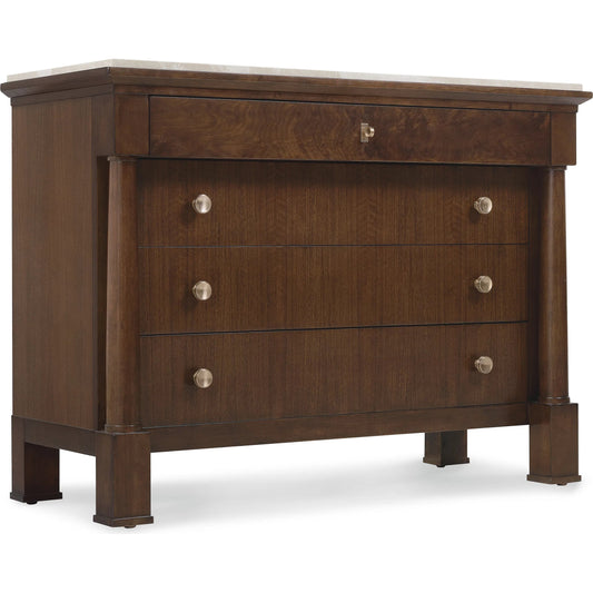 Archives Four-Drawer Chest by Hooker Furniture in dark wood and classic walnut. Made from figured quartered walnut veneer, walnut swirl, oak veneer, cedar, castle grey marble in a traditional style.