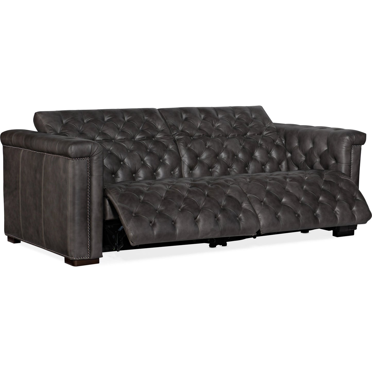 002 SI-1996364 | Additional Silo | Savion 2 Over 2 Power Reclining Sofa by Hooker Furniture in bellagio gravel and dark wood. Made from leather (finished top grain with split) in a transitional style.
