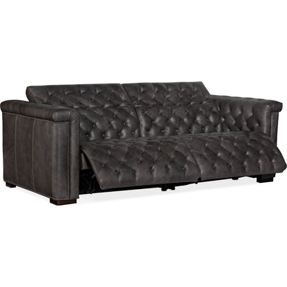 Savion 2 Over 2 Power Reclining Sofa by Hooker Furniture in bellagio gravel and dark wood. Made from leather (finished top grain with split) in a transitional style.