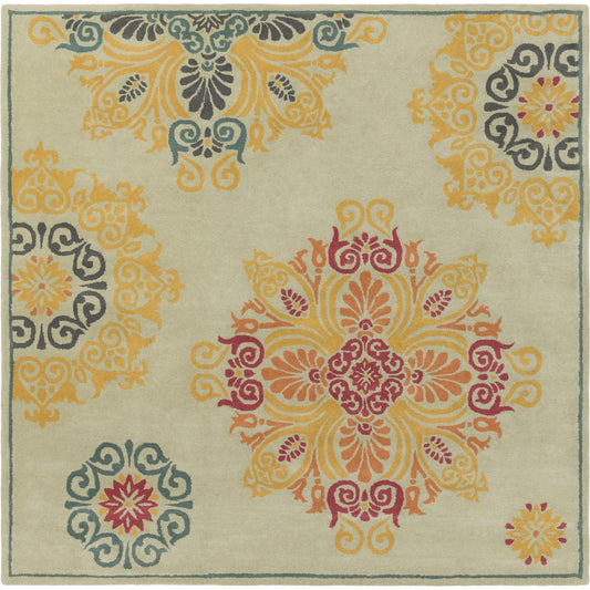 Athena Rug - 15473 by Surya in light sage, medium green, burgandy, saffron, orange, charcoal. Made from 100% wool in a unique style.
