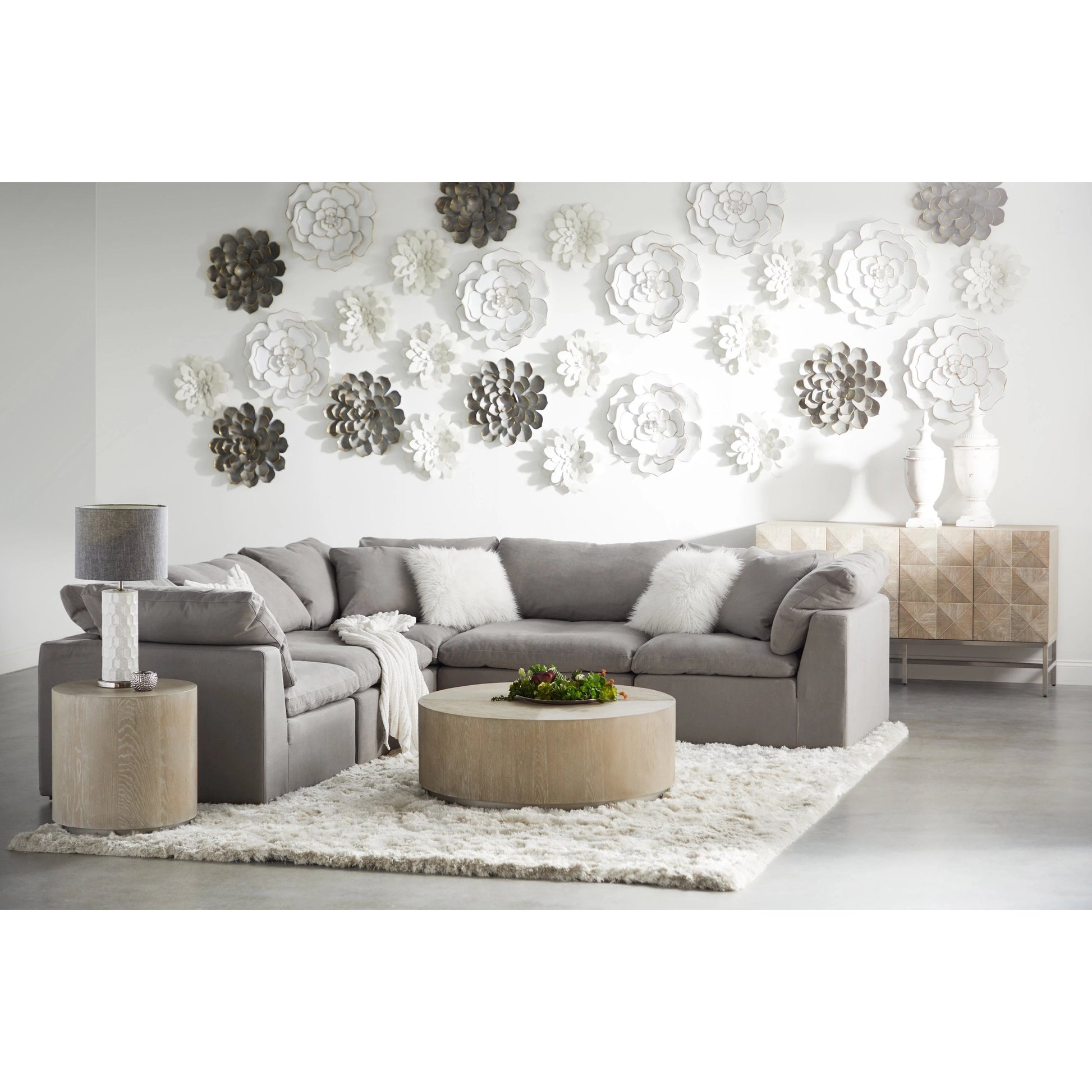 Atlas Media Sideboard by Essentials For Living in natural gray, brushed stainless steel. Made from solid acacia, acacia veneer, stainless steel in a modern style.