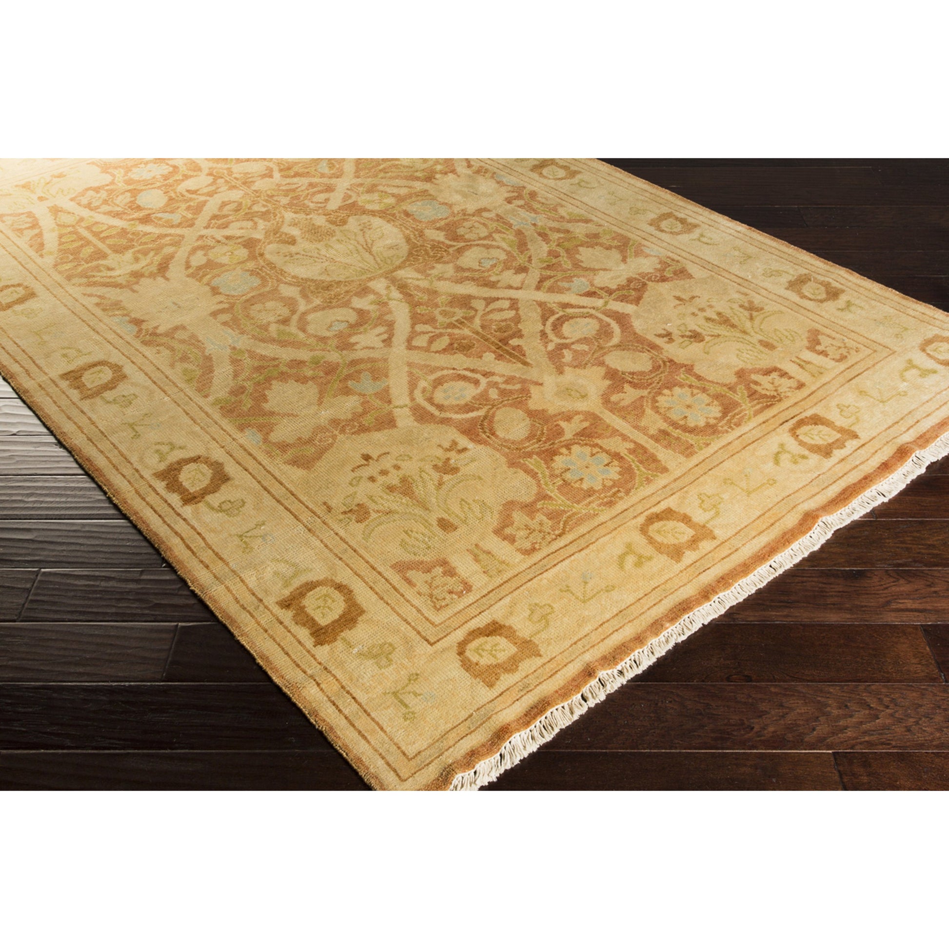 Antique Rug - 1150 by Surya in tan, ice blue, brown, olive, light olive, burnt orange. Made from 100% new zealand wool in a unique style.