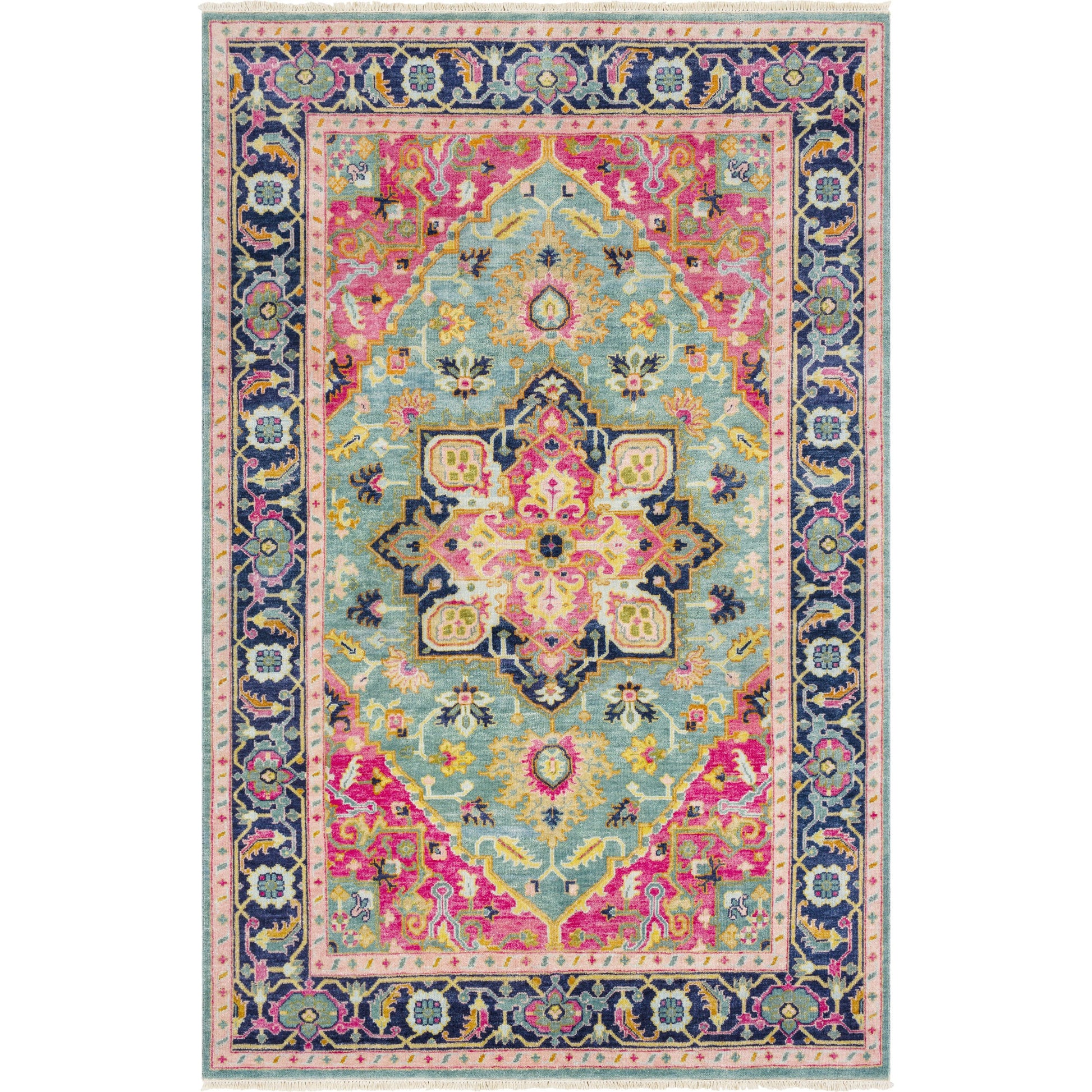 Antique Rug - 12639 by Surya in teal, rose, dark blue, seafoam, dusty coral, light brown. Made from 100% new zealand wool in a unique style.