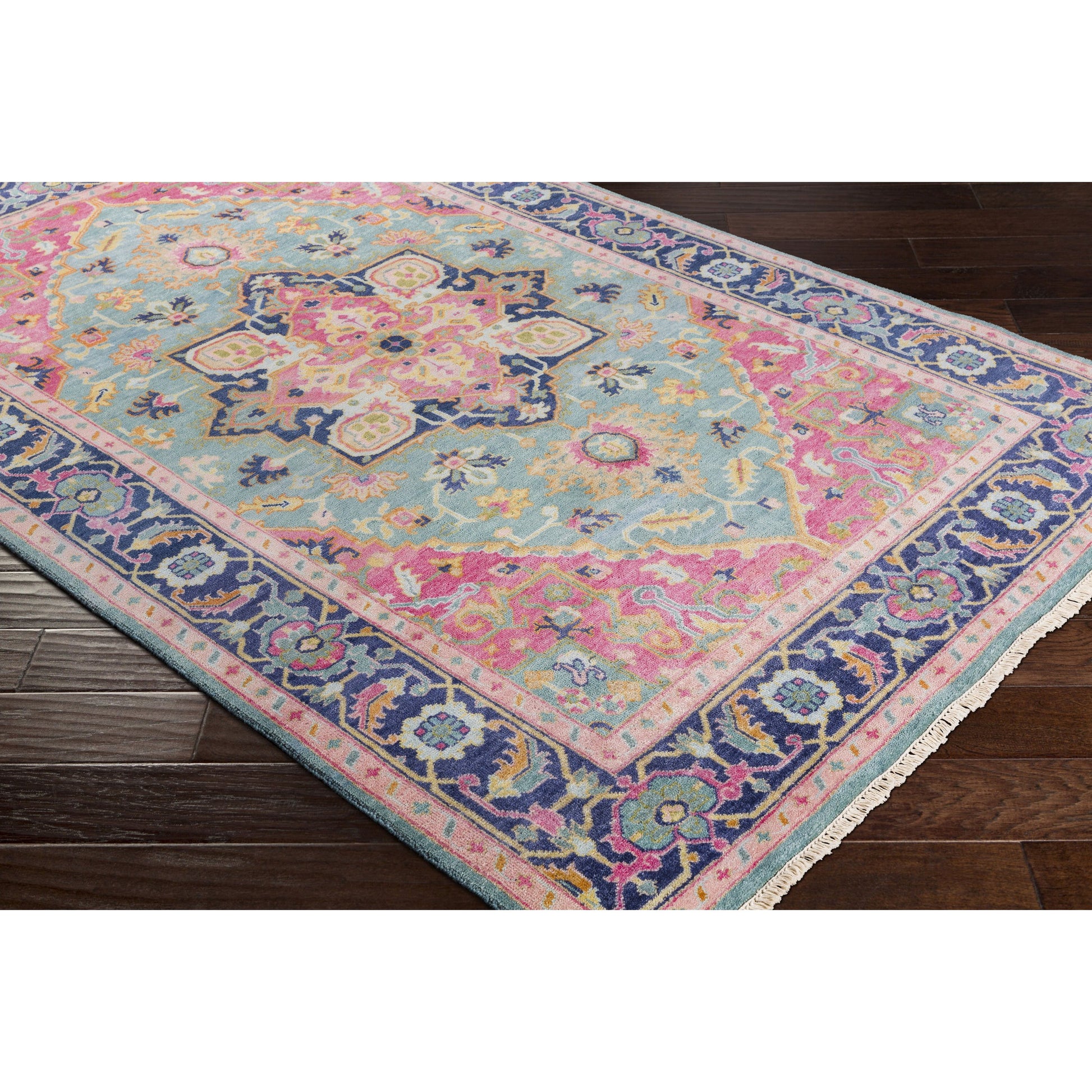Antique Rug - 12639 by Surya in teal, rose, dark blue, seafoam, dusty coral, light brown. Made from 100% new zealand wool in a unique style.