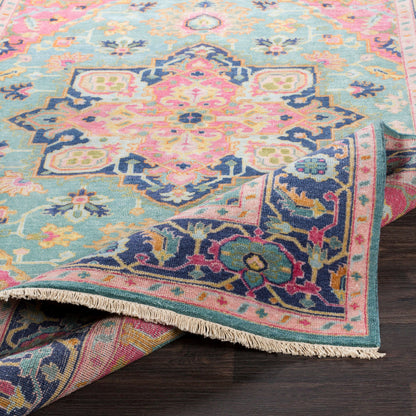 Antique Rug - 12639 by Surya in teal, rose, dark blue, seafoam, dusty coral, light brown. Made from 100% new zealand wool in a unique style.