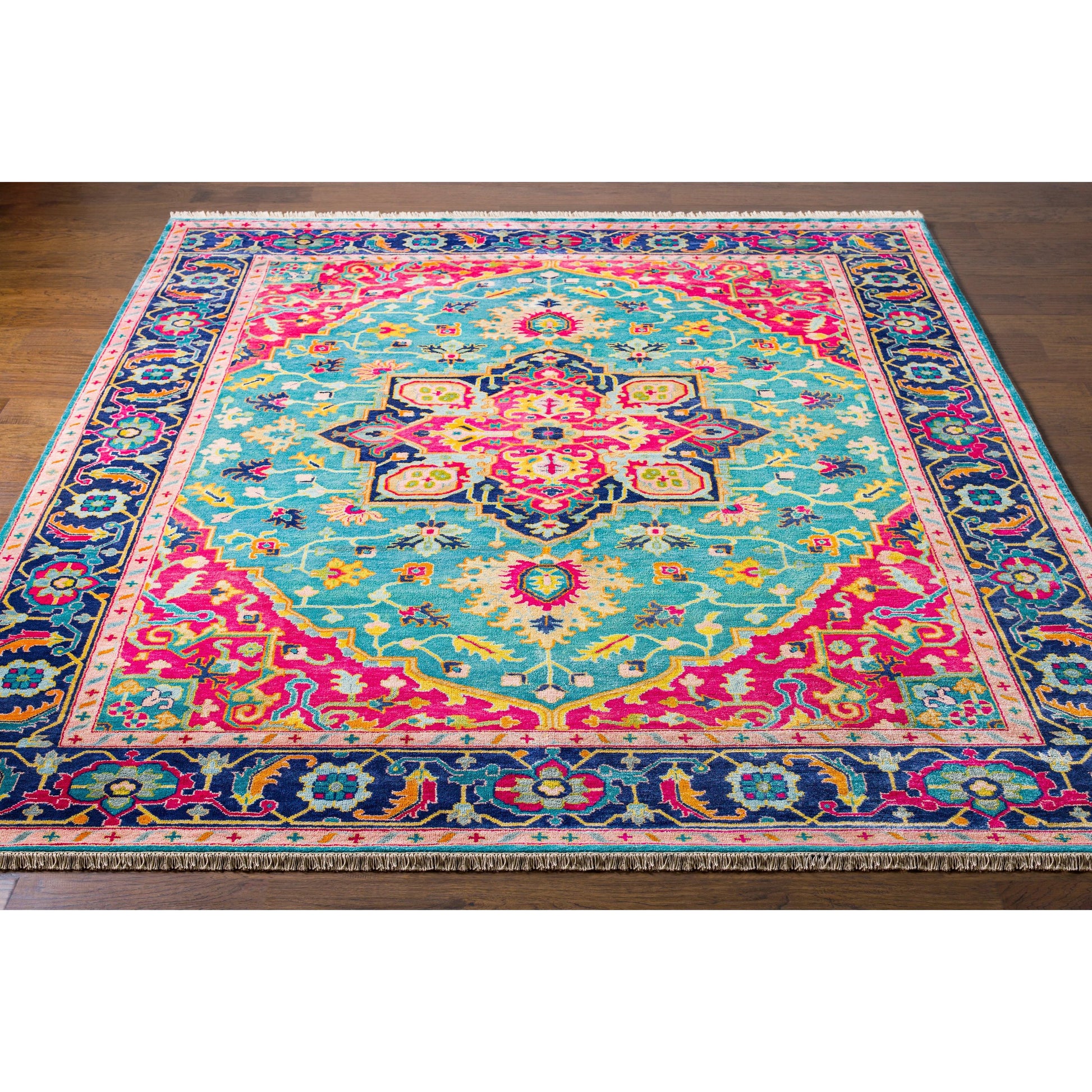 Antique Rug - 12639 by Surya in teal, rose, dark blue, seafoam, dusty coral, light brown. Made from 100% new zealand wool in a unique style.