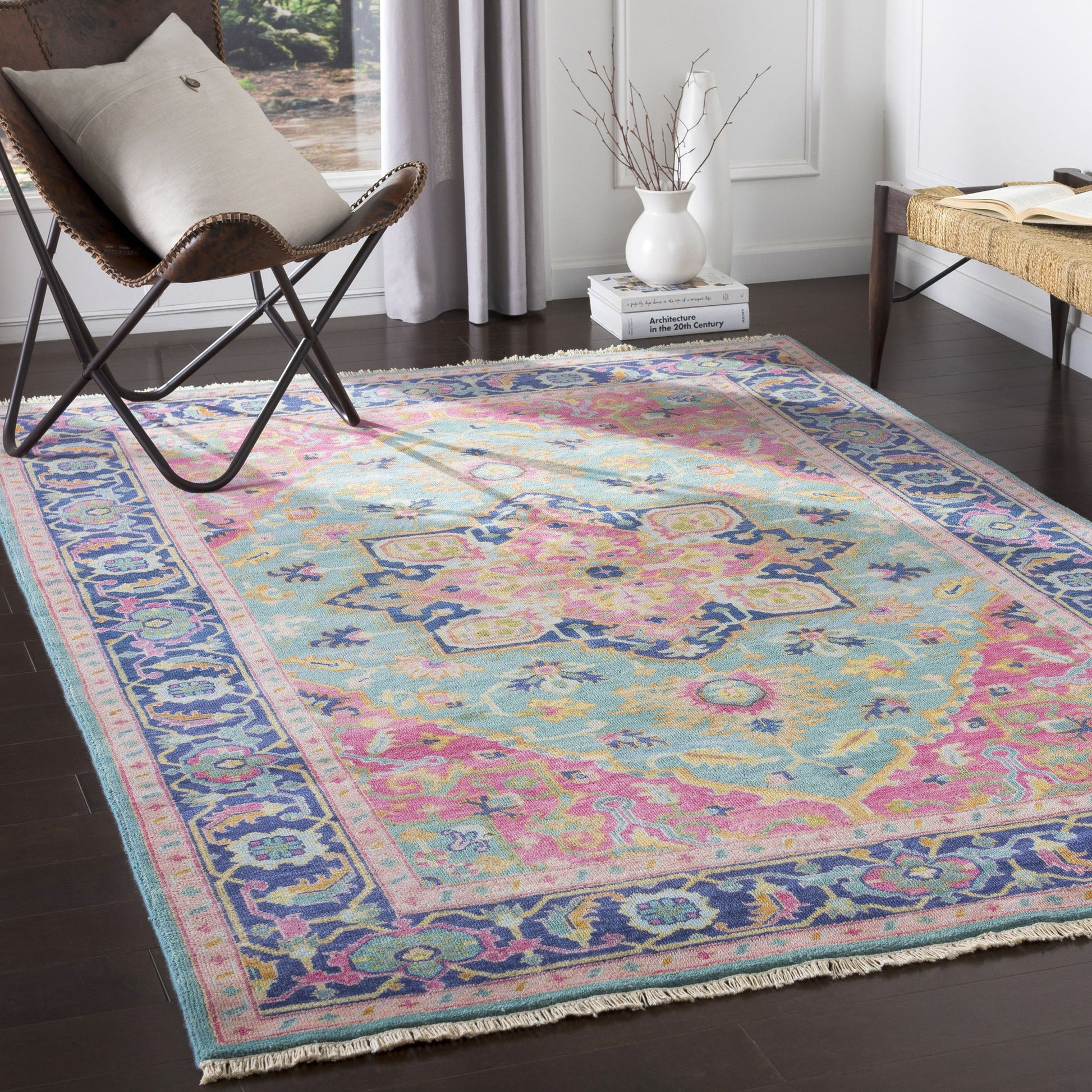 Antique Rug - 12639 by Surya in teal, rose, dark blue, seafoam, dusty coral, light brown. Made from 100% new zealand wool in a unique style.
