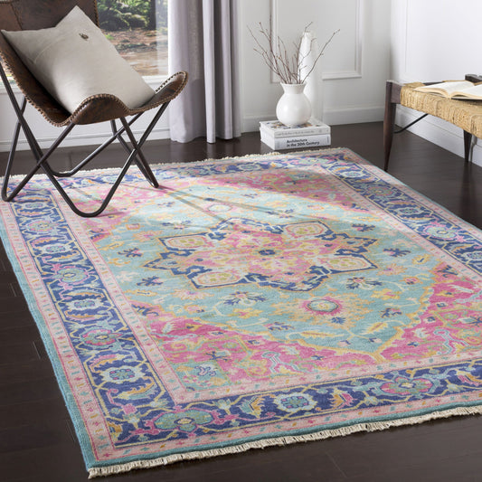 Antique Rug - 12639 by Surya in teal, rose, dark blue, seafoam, dusty coral, light brown. Made from 100% new zealand wool in a unique style.