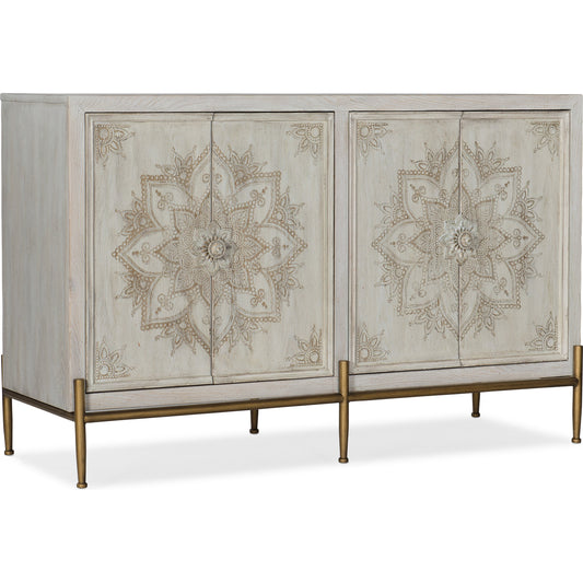 Delilah Accent Chest by Hooker Furniture in cream. Made from oak veneers with hand painting, metal in a cottage & farmhouse style.