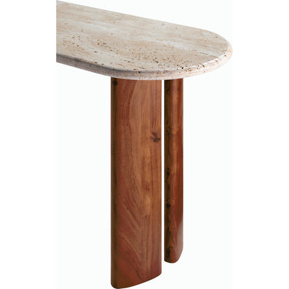 Abacus Console Table by Surya in top: cream, base: dark brown and lacquerednatural. Made from travertine, acacia, manufactured wood in a modern style.