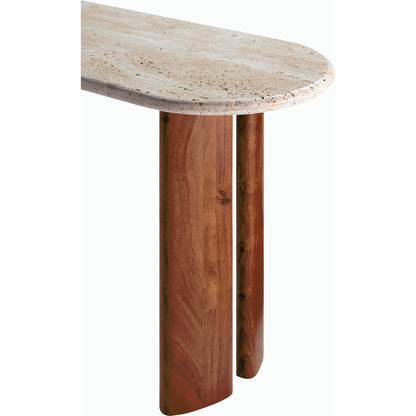 Abacus Console Table by Surya in top: cream, base: dark brown and lacquerednatural. Made from travertine, acacia, manufactured wood in a modern style.
