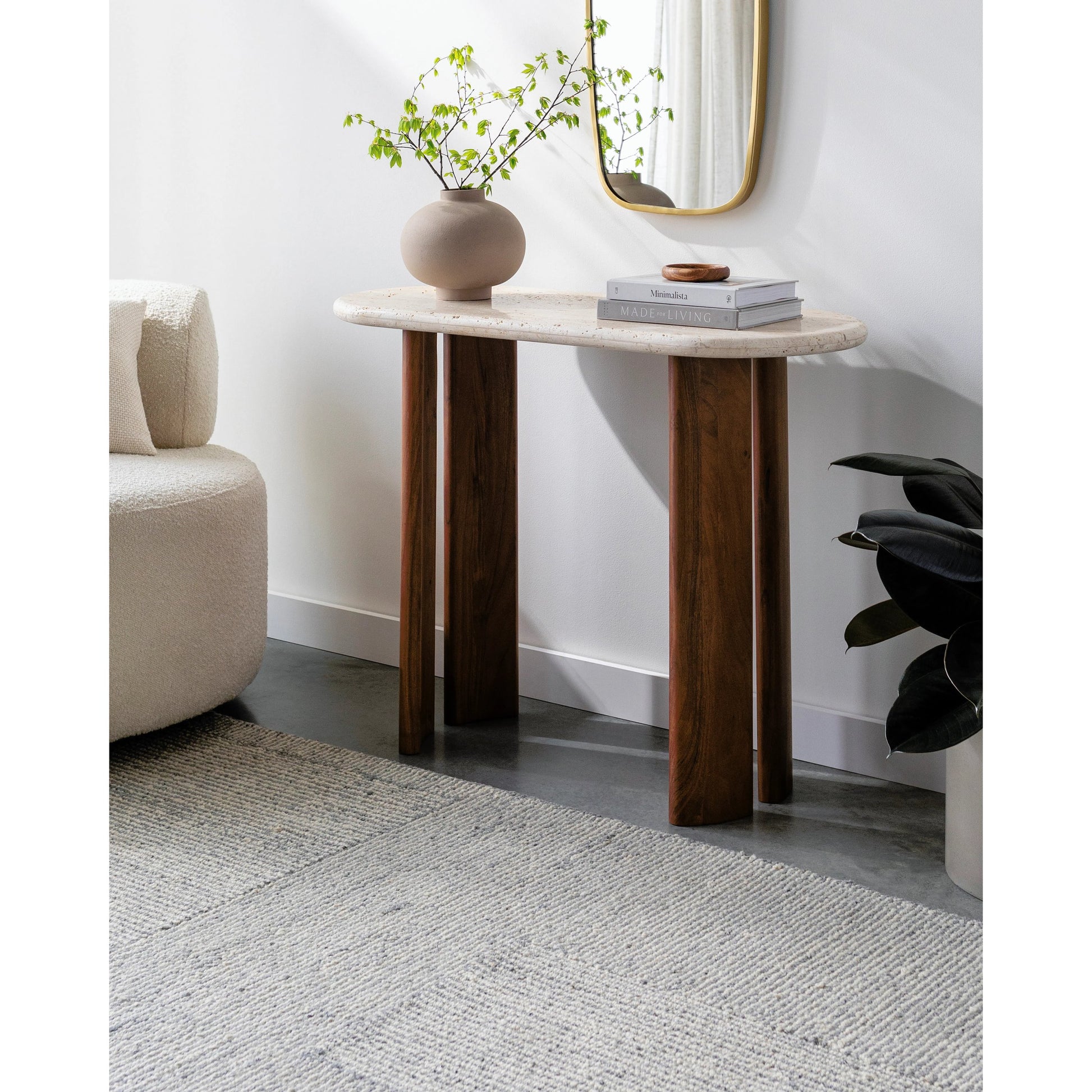 Abacus Console Table by Surya in top: cream, base: dark brown and lacquerednatural. Made from travertine, acacia, manufactured wood in a modern style.