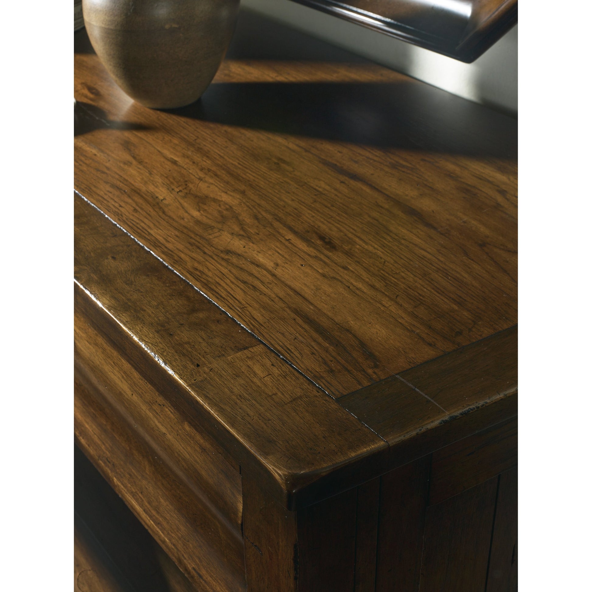 Archivist Bureau by Hooker Furniture in pecan. Made from pecky pecan veneers, felt in a cottage & farmhouse style.
