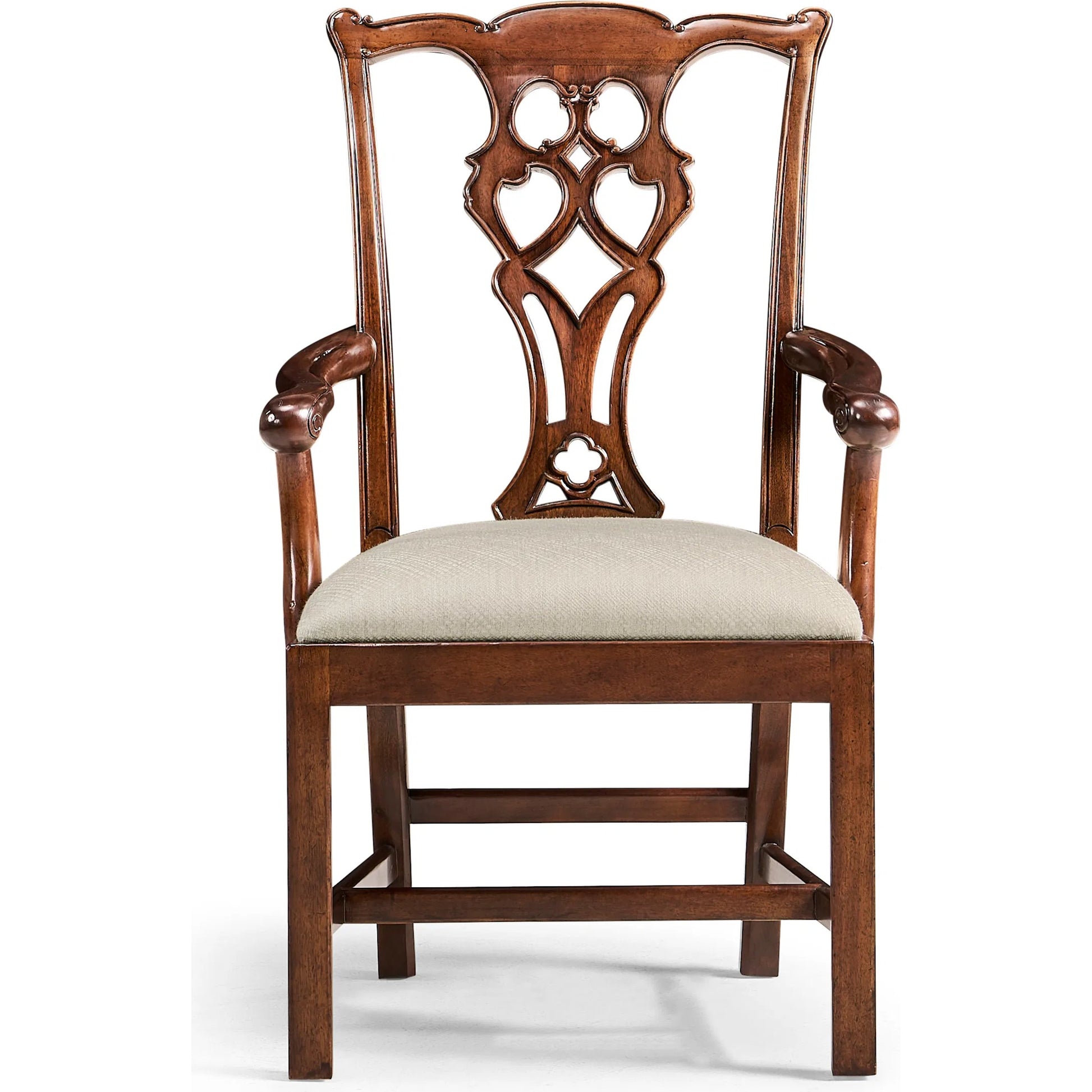 Buckingham Chippendale Antique Mahogany Arm Chair by Jonathan Charles in skipper and medium antique mahogany. Made from acacia, fabric in a traditional style.