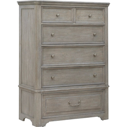 Abbotts Glen 6 Drawer Chest by Pulaski Furniture in windmill grey. Made from split heart cathedral oak in a transitional style.