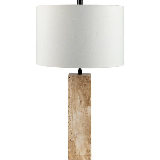 Aurembra AUM-001 Table Lamp by Surya in body: amber, black, shade (outside): cream, shade (inside): white, finial: black, harp: metallic - gold, cord: translucent and naturalmattematte. Made from travertine, iron, linen, pol