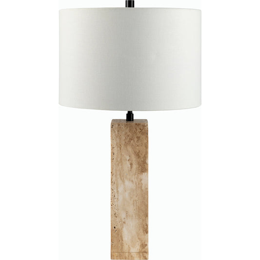 Aurembra Accent Table Lamp by Surya in body: amber, black, shade (outside): cream, shade (inside): white, finial: black, harp: metallic - gold, cord: translucent and naturalmattematte. Made from travertine, iron, linen, poly