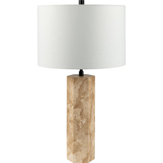 Aurembra AUM-002 Table Lamp by Surya in body: amber, black, shade (outside): cream, shade (inside): white, finial: black, harp: metallic - gold, cord: translucent and naturalmattematte. Made from travertine, iron, linen, pol