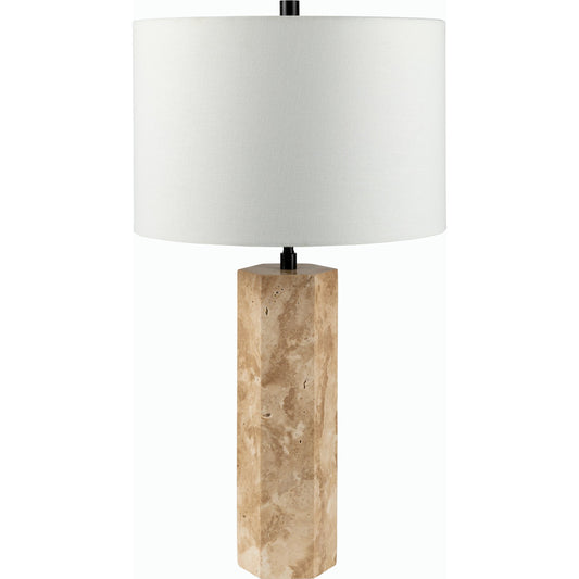 Aurembra Accent Table Lamp by Surya in body: amber, black, shade (outside): cream, shade (inside): white, finial: black, harp: metallic - gold, cord: translucent and naturalmattematte. Made from travertine, iron, linen, poly