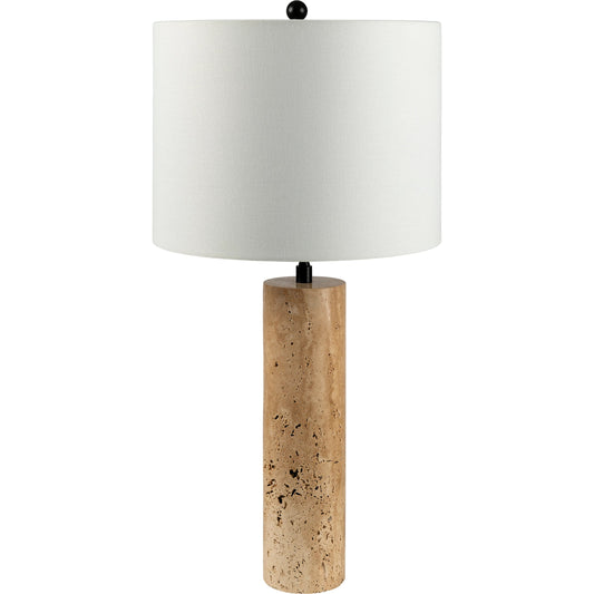 Aurembra AUM-003 Table Lamp by Surya in body: amber, black, shade (outside): cream, shade (inside): white, finial: black, harp: metallic - gold, cord: translucent and naturalmattematte. Made from travertine, iron, linen, pol