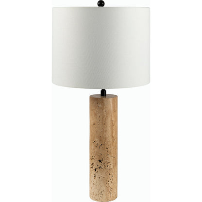 Aurembra Accent Table Lamp by Surya in body: amber, black, shade (outside): cream, shade (inside): white, finial: black, harp: metallic - gold, cord: translucent and naturalmattematte. Made from travertine, iron, linen, poly